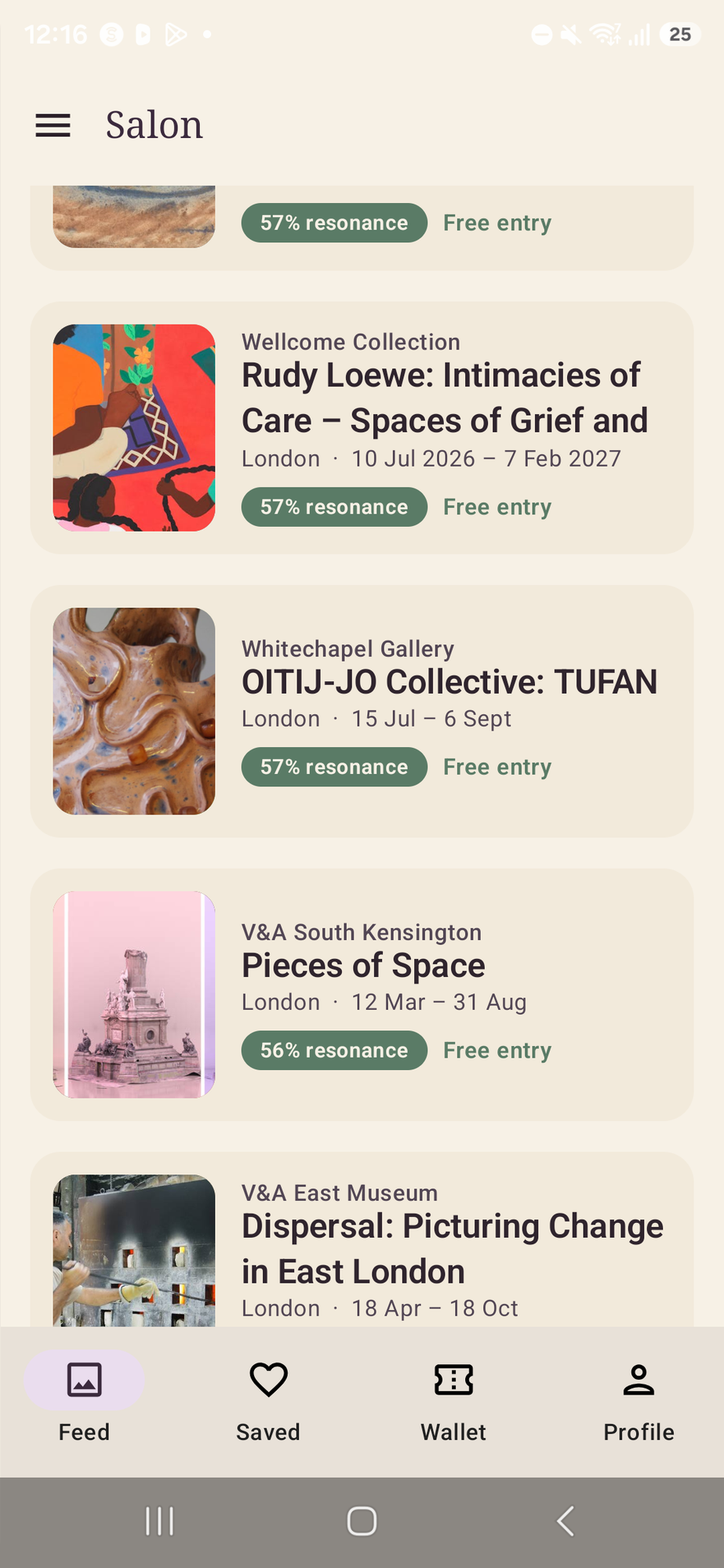 Salon — exhibition feed with resonance scores