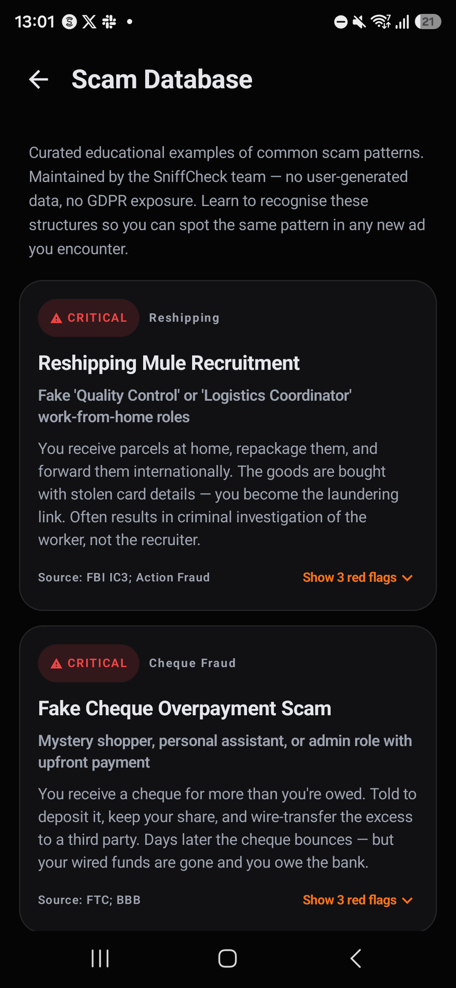 SniffCheck — scam database