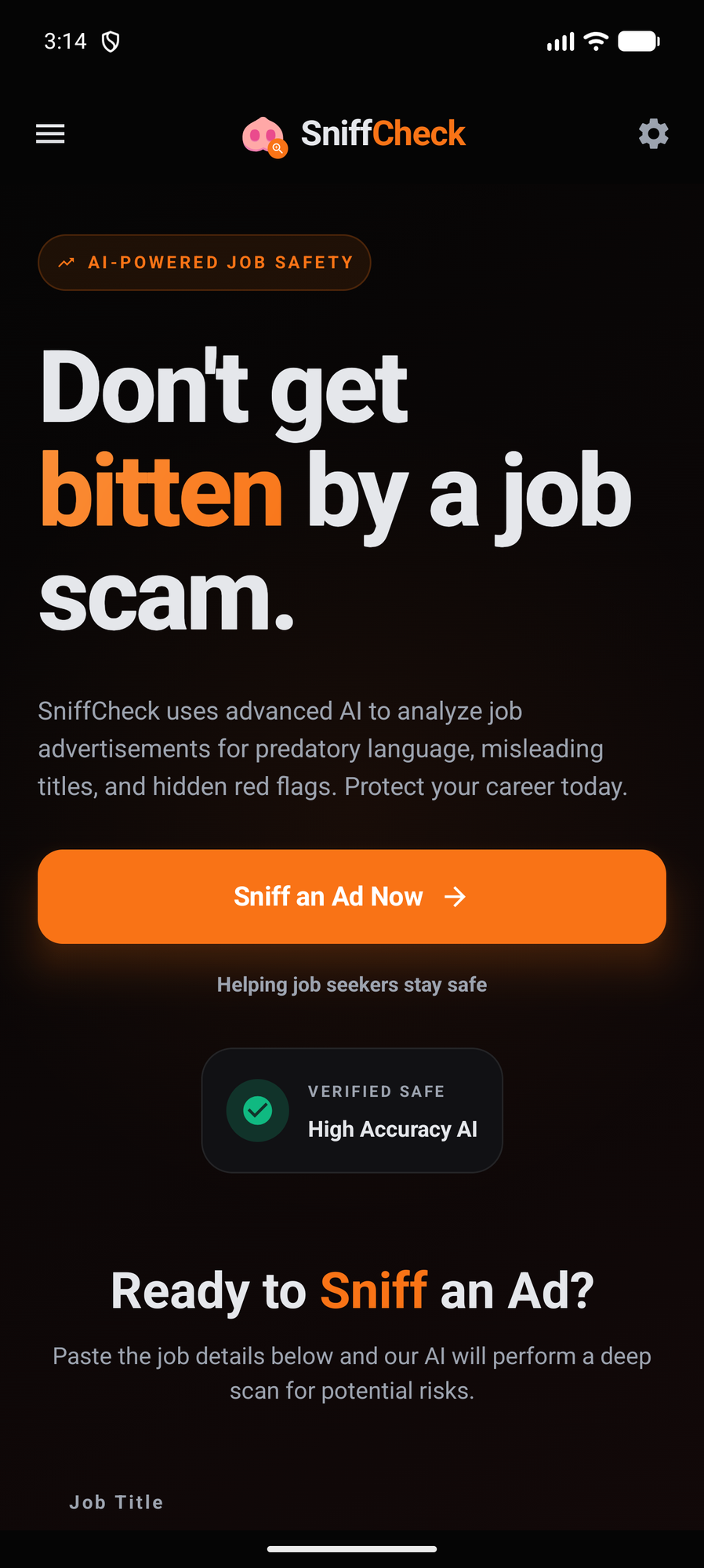 SniffCheck — home screen