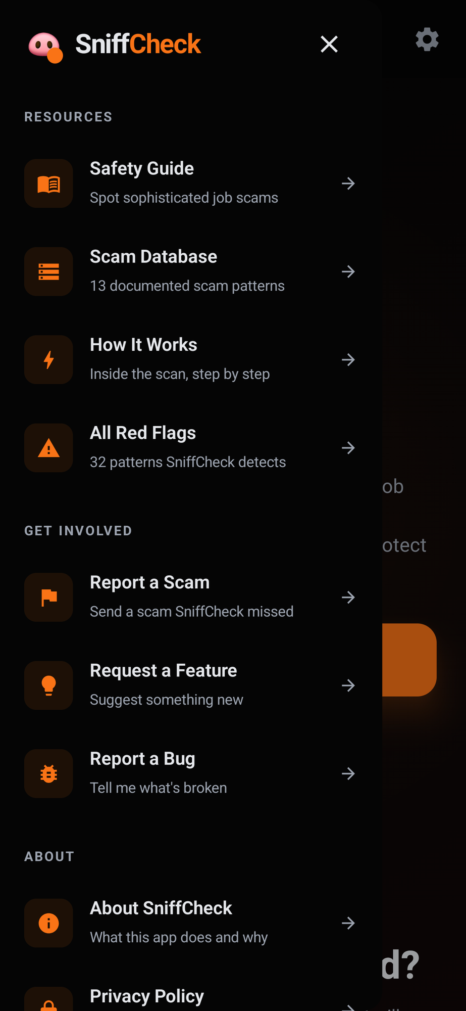 SniffCheck — resources menu