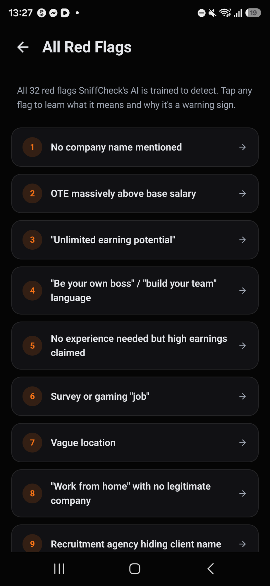 SniffCheck — all 32 red flags