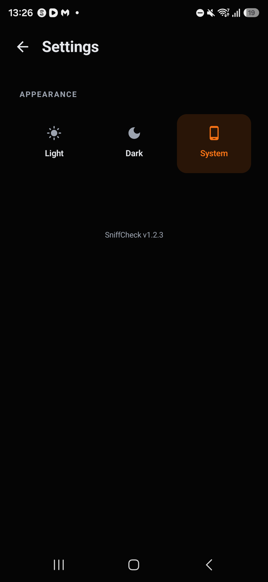 SniffCheck — settings, light and dark mode