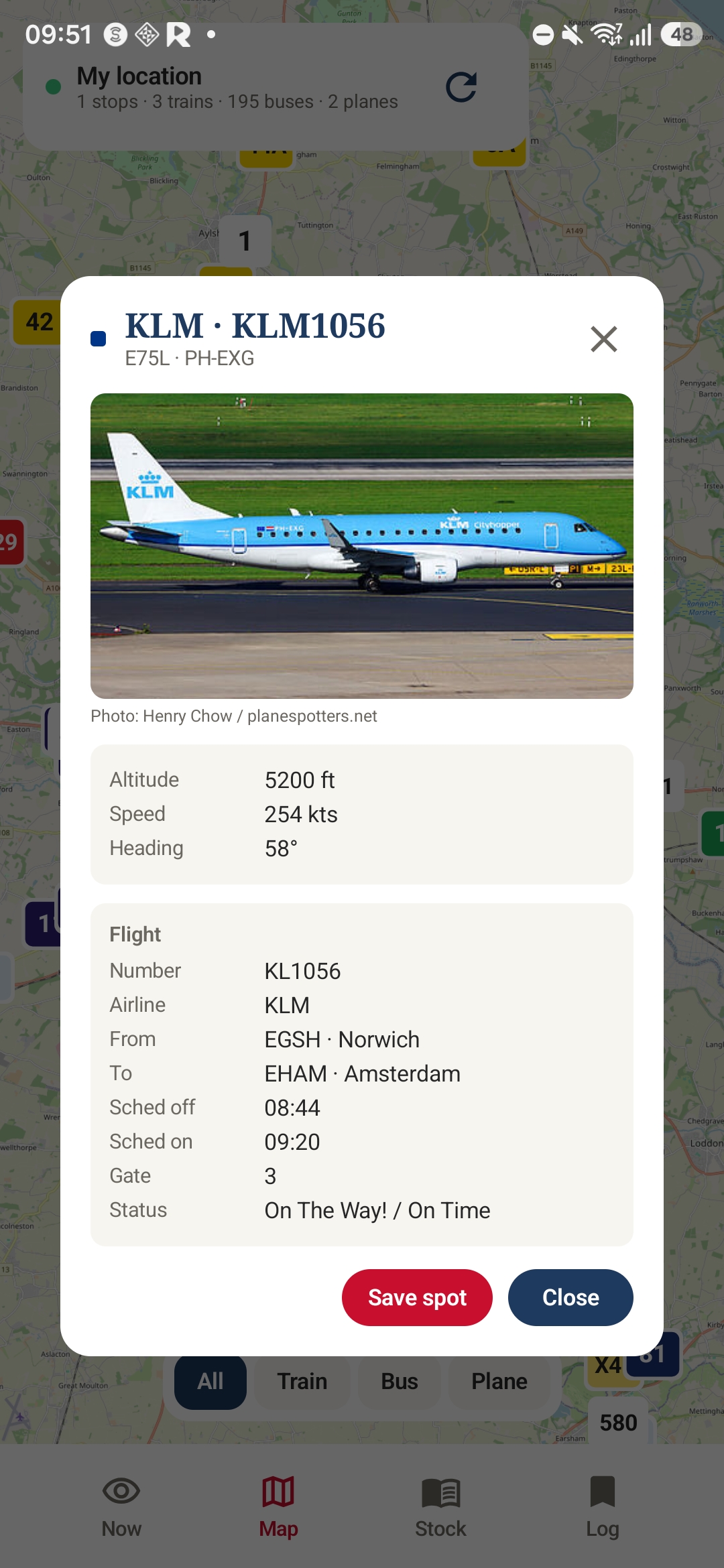 Spotters UK — KLM flight detail with enthusiast photo