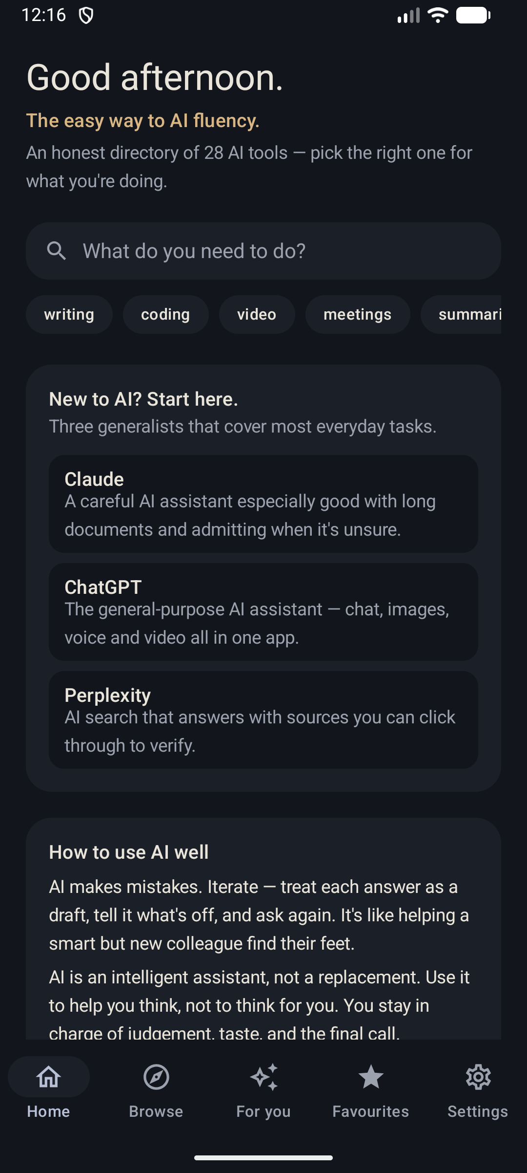 Toolwise — home, dark mode